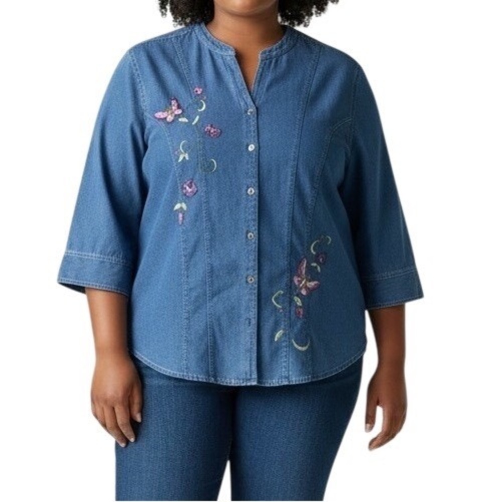 Fashion Bug Embroidered Denim Button Up Top Women's 26/28 Butterfly Floral VTG‎